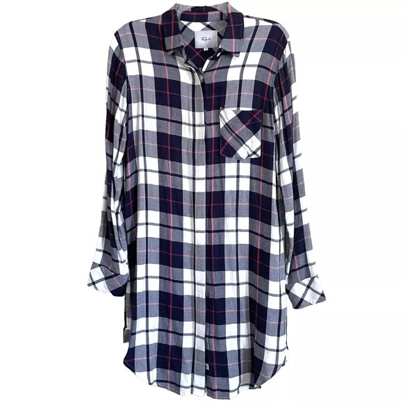 Rails Sawyer Shirt Mini Dress Small Plaid Button Front White Navy Cranberry - Picture 2 of 10